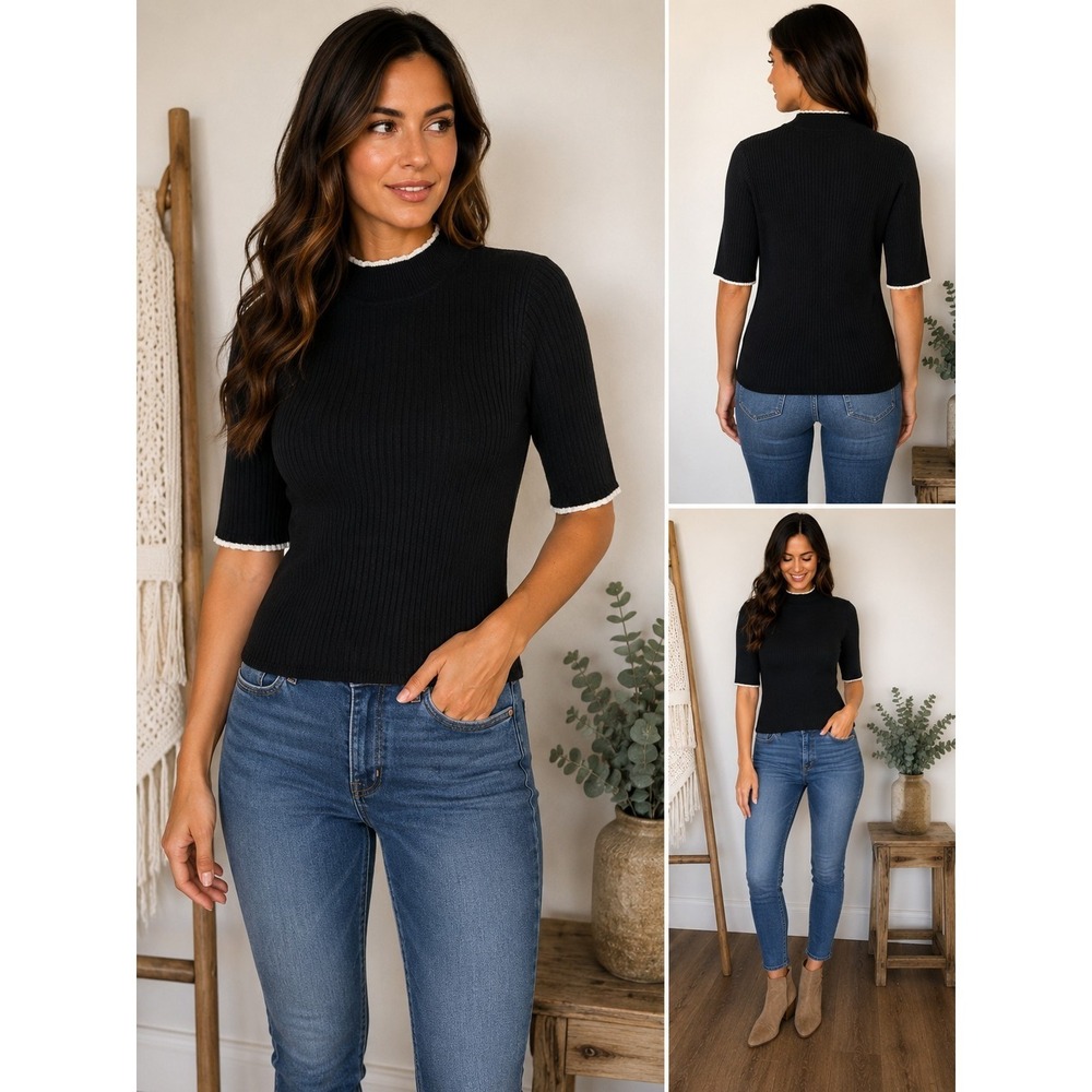 Madison Gray Black Ribbed Mock Neck Knit Top White Trim Women's PM Y2K